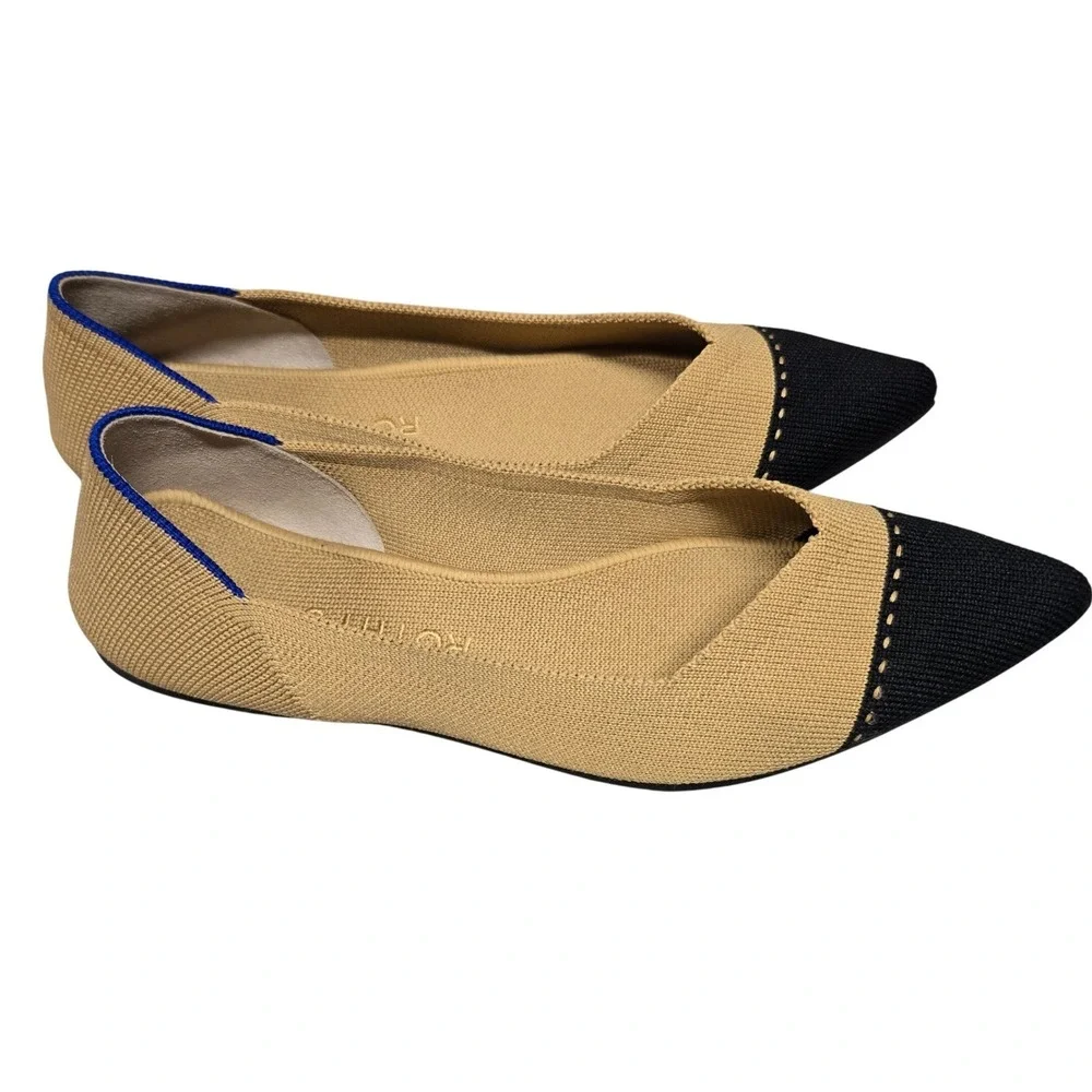 Rothys The Point Flats Camel Black Cap Toe Pointed Toe Shoes Womens Size 8